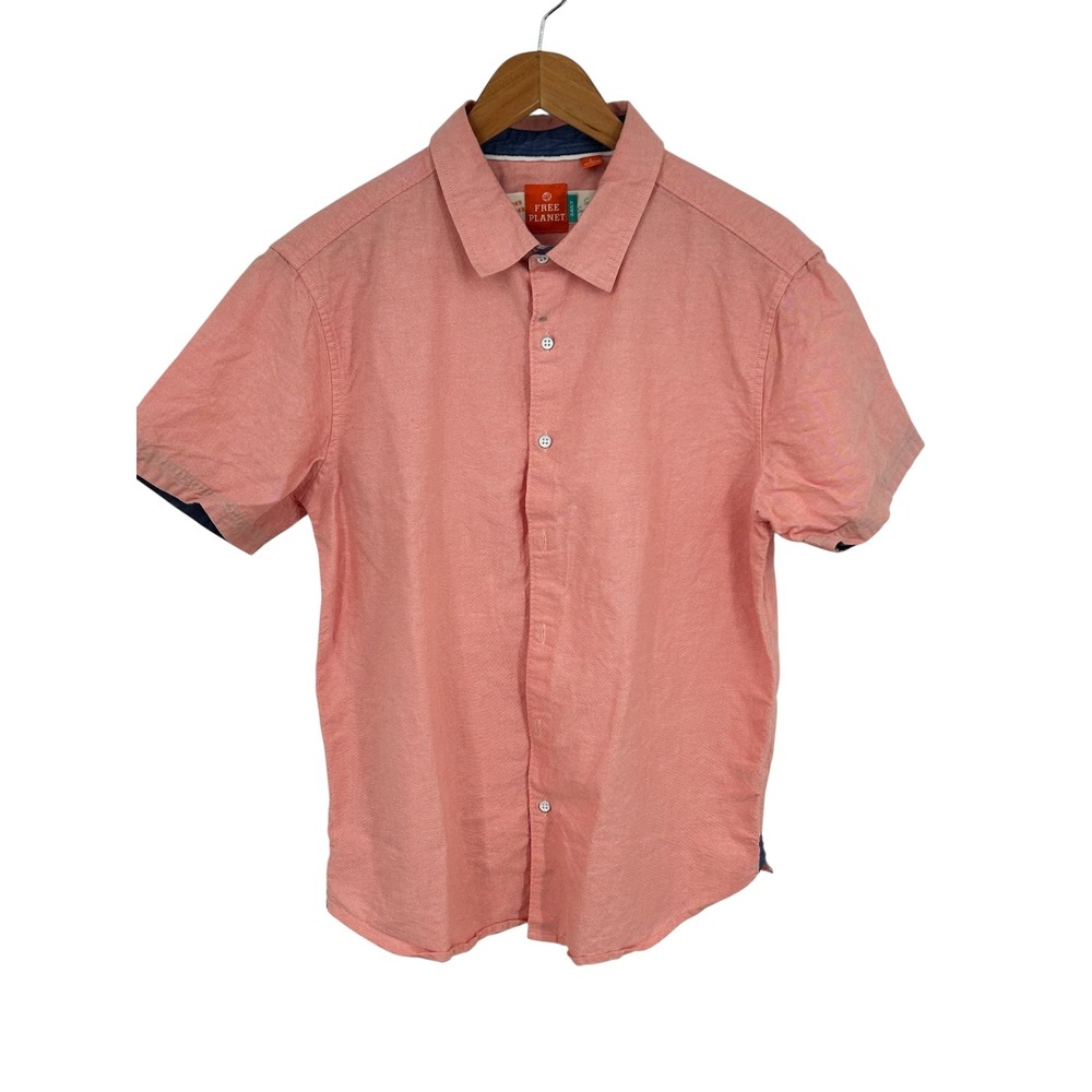Free Planet Mens Short Sleeve Button Down Shirt Coral Pink Large